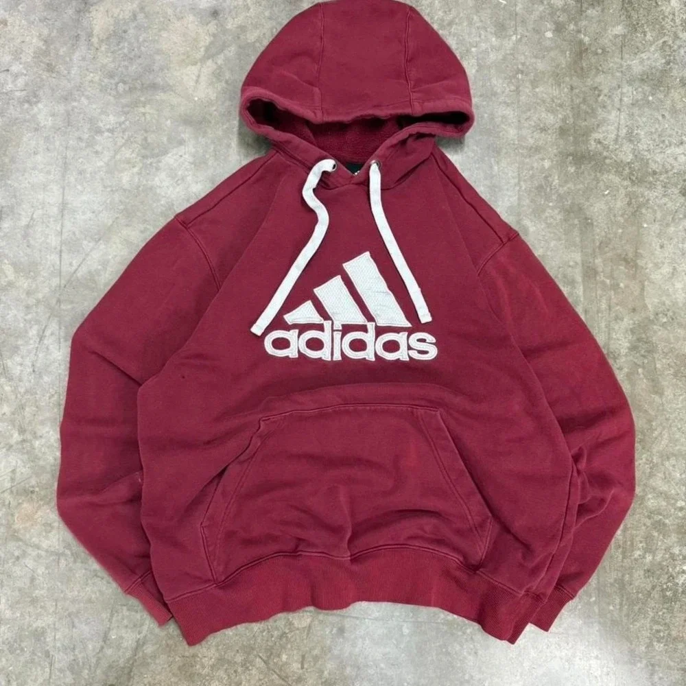 Y2K Burgundy and White Adidas‎ Hoodie Size L